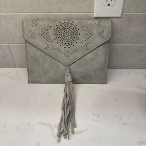 Gray Tassel Envelope Clutch faux leather with Laser-Cut Detail magnet close boho